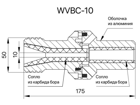 Сопло пескоструйное с впрыском воды Вентури SandBlue WVBC-10, карбид бора, 10х175