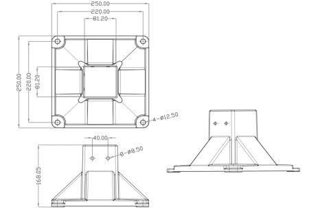 Опора фундаментная особо усиленная для алюминиевых профилей, серия 8080, основание 250х250 мм, ALF-FS-A8080