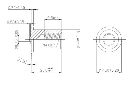 Втулка резьбовая приварная стальная Омедненная M4x30 наружный диаметр 6 мм Арт. 31-46-030
