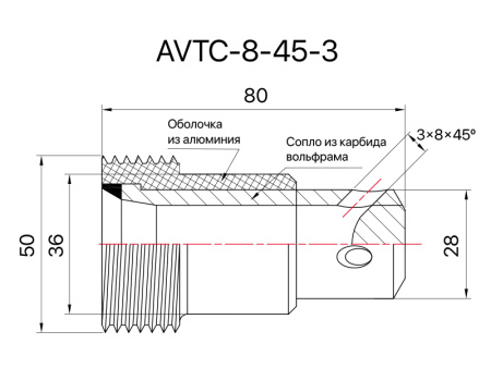 Сопло пескоструйное угловое 3х45° SandBlue AVTC-8-45-3, карбид вольфрама, 8х80