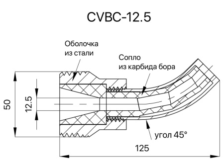 Сопло пескоструйное загнутое 45°Вентури SandBlue CVBC-12.5, карбид бора, 12,5х120