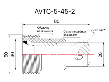 Сопло пескоструйное угловое 2х45° SandBlue AVTC-5-45-2, карбид вольфрама, 5х80