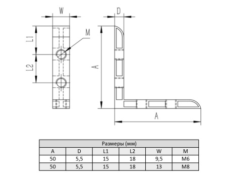 Внутренний угловой соединитель М8 для алюминиевых профилей, паз 6, облегченный, ALF-IC2040-L